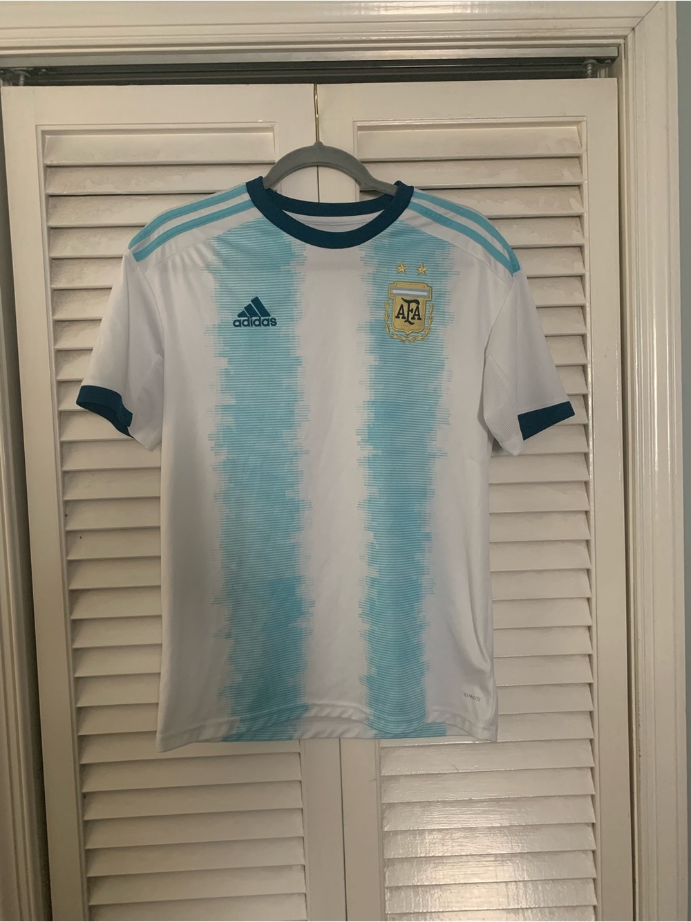adidas Kids Argentina National team Soccer Jersey in White and Light Blue